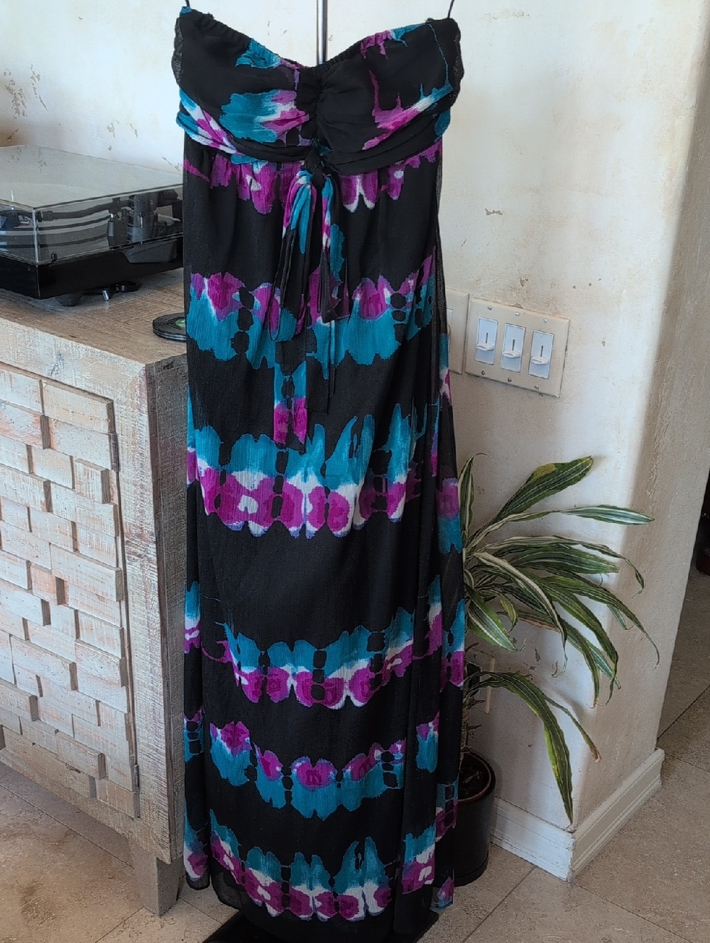 Fire Los Angeles Strapless Black Dress with Teal & Magenta Watercolor Accents